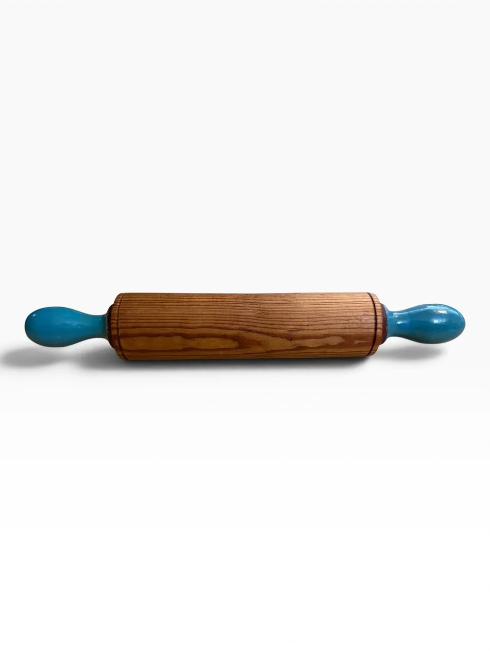 Vintage Wood Rolling Pin Featuring Painted  Teal Handles